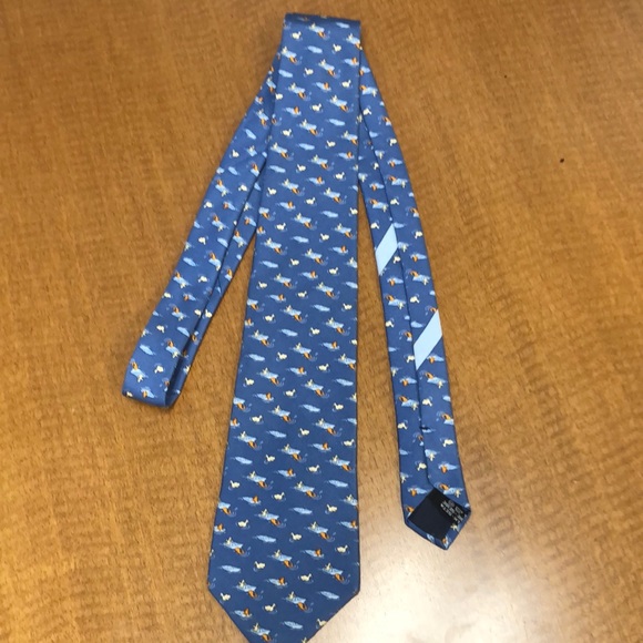 Salvatore Ferragamo 100% blue silk tie featuring paper boat with duck and fish - Picture 1 of 7